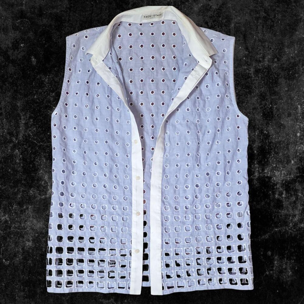 Each x Other Women's Blue and White Sleeveless Button Uo